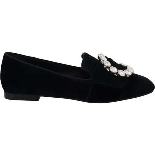 Schwarze Samt Kristall Loafers Flats Schuhe , Damen, Größe: 36 EU - Dolce & Gabbana - Modalova
