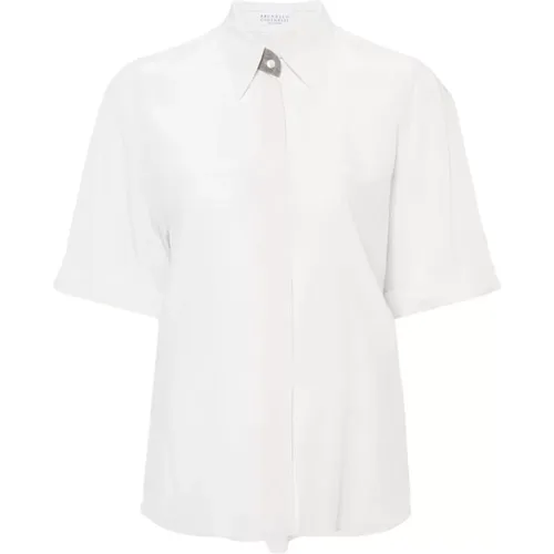 Ivory Crepe de Chine Shirt with Monile Detail , female, Sizes: L, M - BRUNELLO CUCINELLI - Modalova