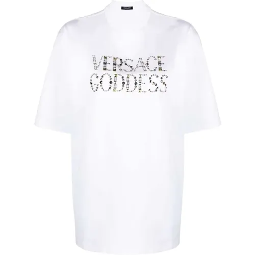 Goddess Print Studded T-shirt , female, Sizes: XS - Versace - Modalova