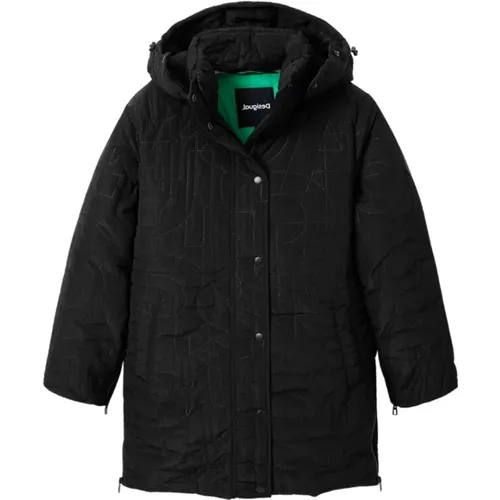 Long Coat with Detachable Hood and Letter Design , female, Sizes: XL, L, M, 2XL - Desigual - Modalova