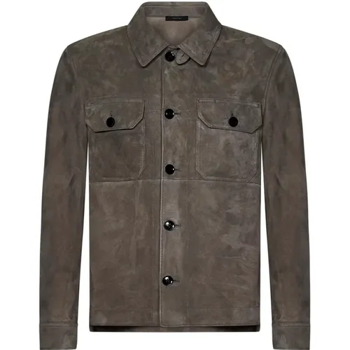 Grey Lambskin Coat with Buttoned Flap Pockets , male, Sizes: L - Tom Ford - Modalova