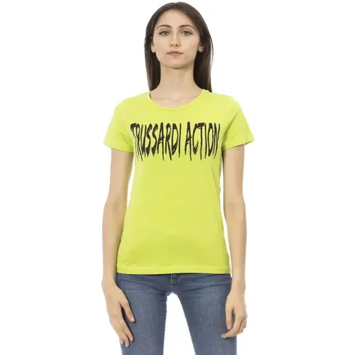 Grünes Baumwoll-T-Shirt mit Kurzen Ärmeln und Frontdruck , Damen, Größe: M - Trussardi - Modalova