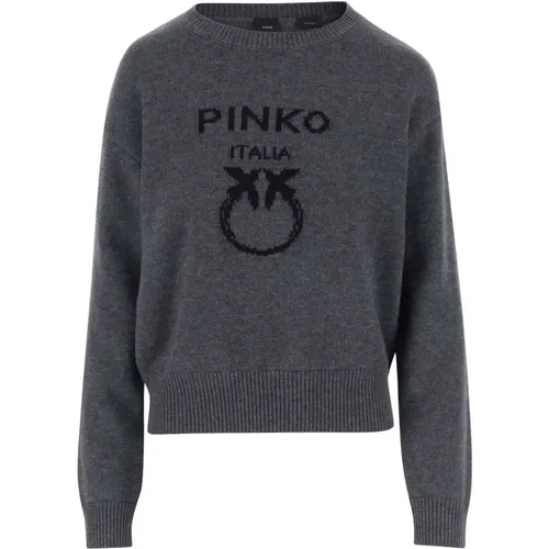 Woll-Crew-Neck-Sweater-Logo Grau , Damen, Größe: M - pinko - Modalova