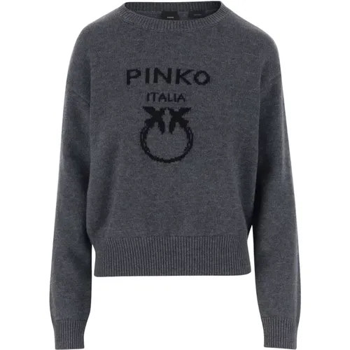 Woll-Crew-Neck-Sweater-Logo Grau , Damen, Größe: XS - pinko - Modalova