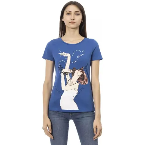 Elegantes blaues Kurzarm-Tee , Damen, Größe: L - Trussardi - Modalova