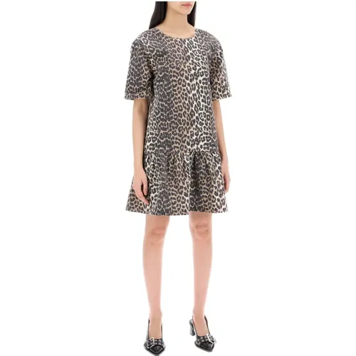 Leopard print denim mini dress , female, Sizes: XS - Ganni - Modalova