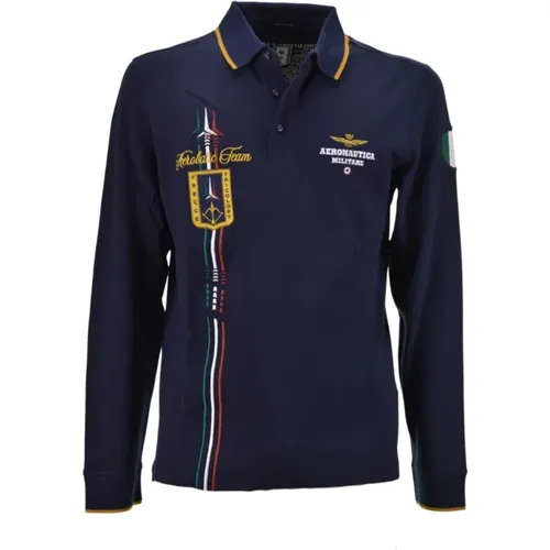 Blauer Langarm-Poloshirt mit Tricolor-Patches - aeronautica militare - Modalova