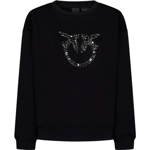 Schwarzer Crewneck Sweatshirt Love Birds Kristalle , Damen, Größe: M - pinko - Modalova