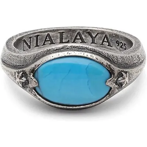 Sterling Silver Oval Signet Ring with Genuine Turquoise , male, Sizes: 64 MM - Nialaya - Modalova
