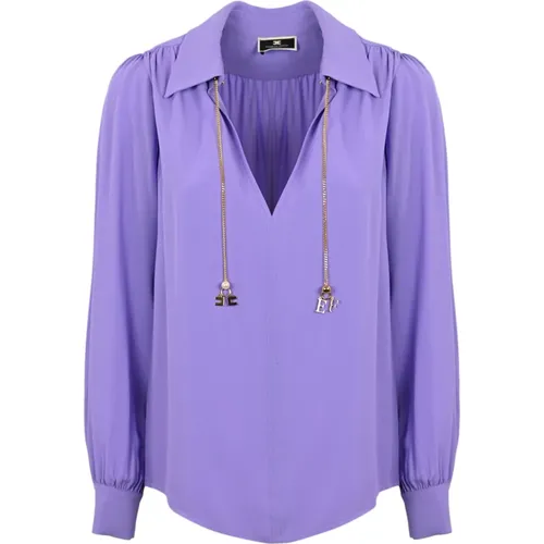 Georgette Long Sleeve Shirt with Golden Metal Pendants , female, Sizes: 2XL, XL - Elisabetta Franchi - Modalova