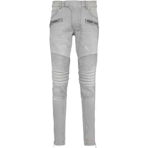 Biker-Jeans in grauem Stepp-Denim - Balmain - Modalova