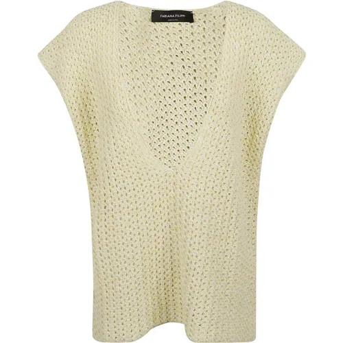 Glänzende Baumwoll-Netz-Tief V-Ausschnitt Strickweste,Gelber Baumwollpullover mit Netz-Muster,V-neck Knitwear - Fabiana Filippi - Modalova