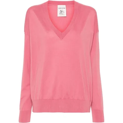 Rosa V-Ausschnitt Baumwollpullover , Damen, Größe: M - Semicouture - Modalova