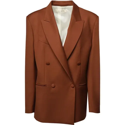 Brauner Zweireihiger Blazer mit Wildleder-Schulterpolstern - Nineminutes - Modalova