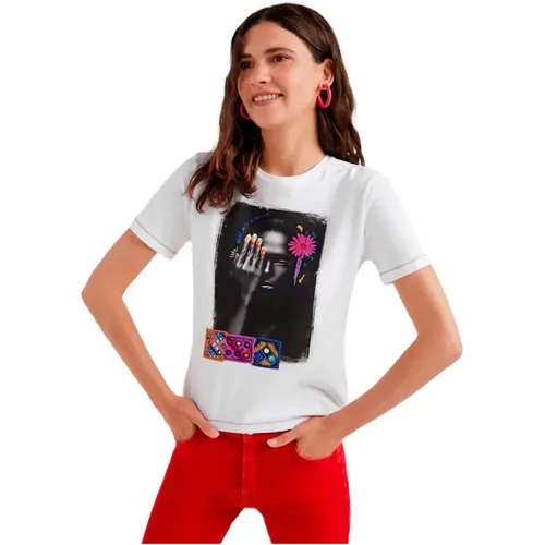 Weißes Bedrucktes T-Shirt für Frauen , Damen, Größe: XS - Desigual - Modalova