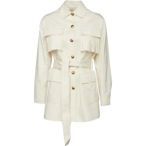 Cream Fringed Jacket with Adjustable Waist , female, Sizes: S - pinko - Modalova