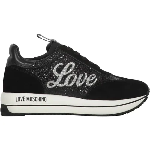 Glitter Low-Top Sneakers mit Wildleder-Einsätzen , Damen, Größe: 38 EU - Love Moschino - Modalova