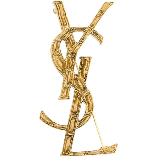 Golden Crocodile Texture Brooch with YSL Logo , female, Sizes: ONE SIZE - Saint Laurent - Modalova