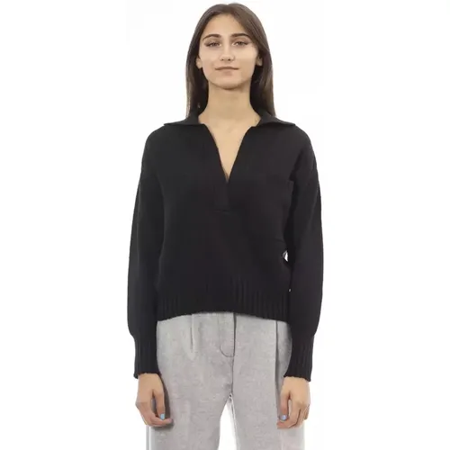 Schwarzer Woll V-Ausschnitt Pullover mit Vordertasche , Damen, Größe: M - Alpha Studio - Modalova