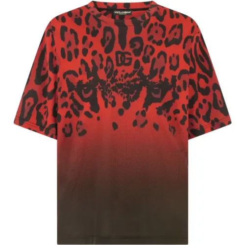 Red Leopard Print Cotton Jersey T-shirt , male, Sizes: S, XS - Dolce & Gabbana - Modalova