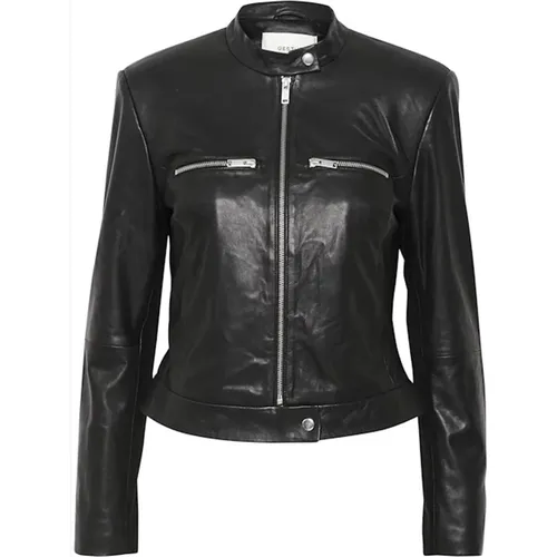 Schwarze Lederjacke mit Reißverschlussdetails , Damen, Größe: S - Gestuz - Modalova