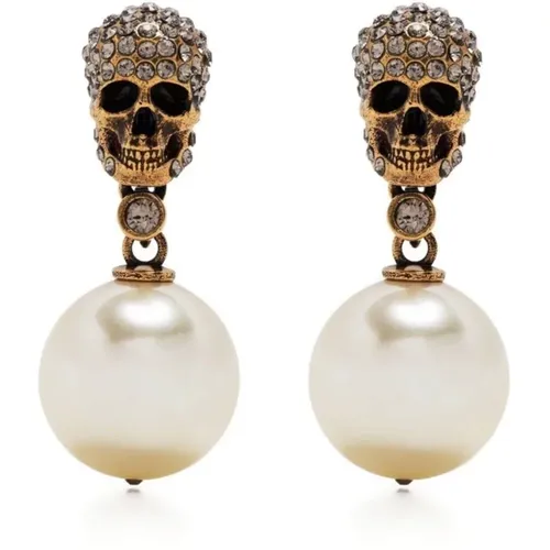 Golden Skull Earrings with Crystals , female, Sizes: ONE SIZE - alexander mcqueen - Modalova