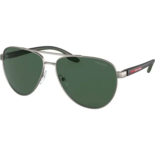 Herren Sonnenbrille, Silber und Grün, Metallgestell - Prada - Modalova