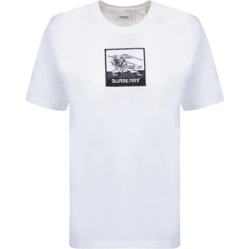 Weißes Rundhals T-Shirt mit Besticktem Logo - Burberry - Modalova