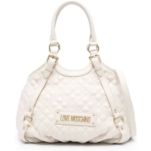 Quilted Ivory Shoulder Bag with Gold Logo , female, Sizes: ONE SIZE - Love Moschino - Modalova