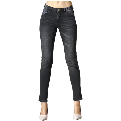 Schwarze Denim Jeans, Slim Fit, Reißverschluss , Damen, Größe: W26 - YES ZEE - Modalova