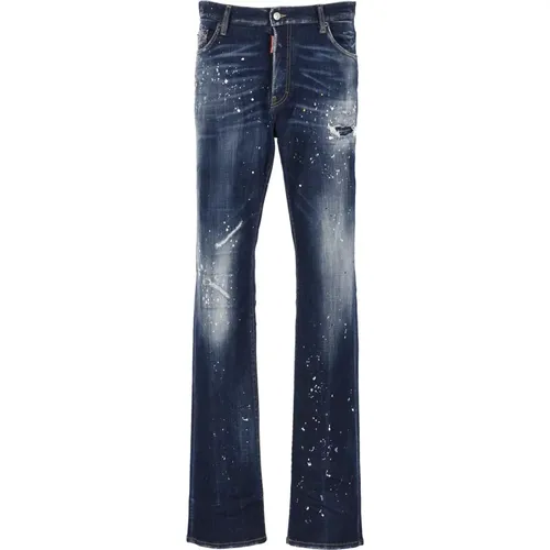 Marineblaue Baumwoll-Straight-Jeans mit kontrastierenden Farbdetails , Herren, Größe: S - Dsquared2 - Modalova