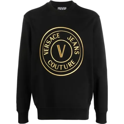 Schwarzer Goldener Vemblem Pullover - Stilvolles Upgrade für Männer , Herren, Größe: M - Versace Jeans Couture - Modalova