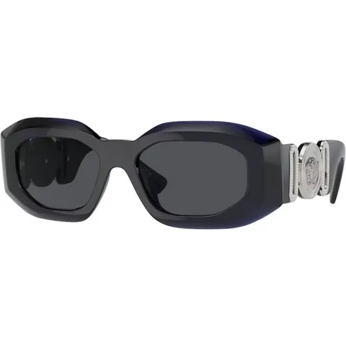 Blaues Gestell, Dunkelgraue Gläser Sonnenbrille - Versace - Modalova