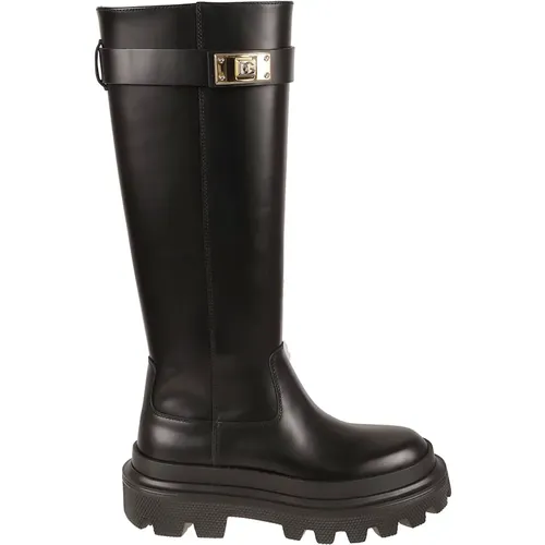 Schwarze Gebürstete Hohe Stiefel , Damen, Größe: 37 EU - Dolce & Gabbana - Modalova