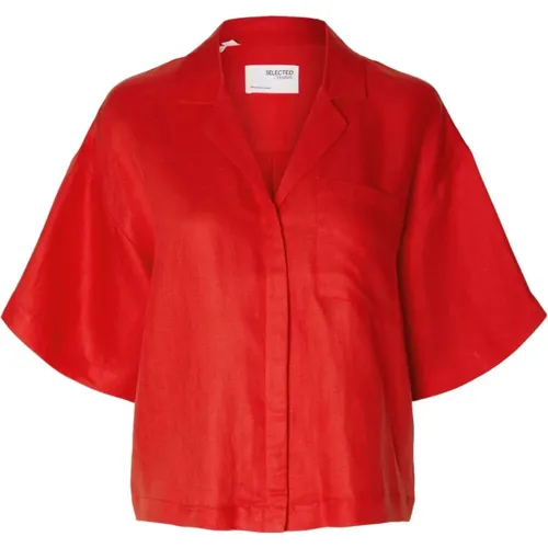 Boxy Revers Leinenhemd - Flame Scarlet , Damen, Größe: S - Selected Femme - Modalova