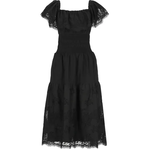 Schwarzes Baumwoll-Midi-Kleid mit Rüschen , Damen, Größe: M - Self Portrait - Modalova