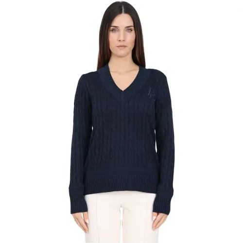 Blauer V-Ausschnitt Pullover mit Zopfmuster , Damen, Größe: XL - Ralph Lauren - Modalova