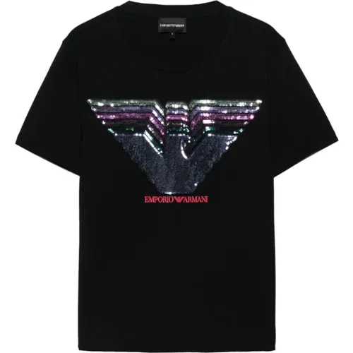 Schwarzes Logo Baumwoll T-shirt,Schwarze T-Shirts und Polos mit Dekorativen Pailletten - Emporio Armani - Modalova