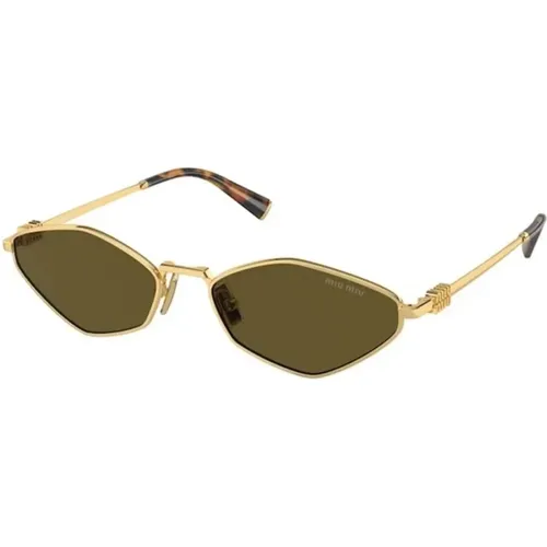 Goldener Rahmen Braune Dunkle Gläser Sonnenbrille , Damen, Größe: 56 MM - Miu Miu - Modalova