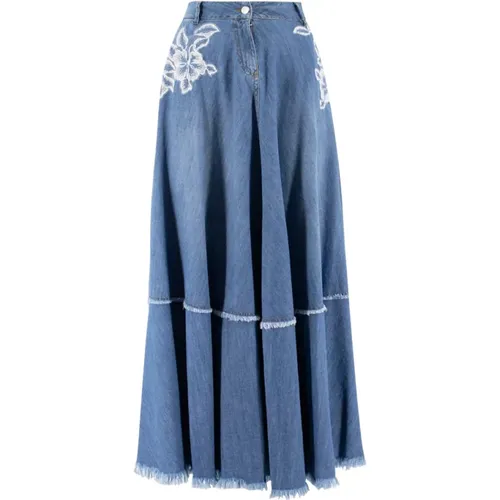 Denim Fringed Skirt with Lace Embroidery , female, Sizes: M - Ermanno Scervino - Modalova