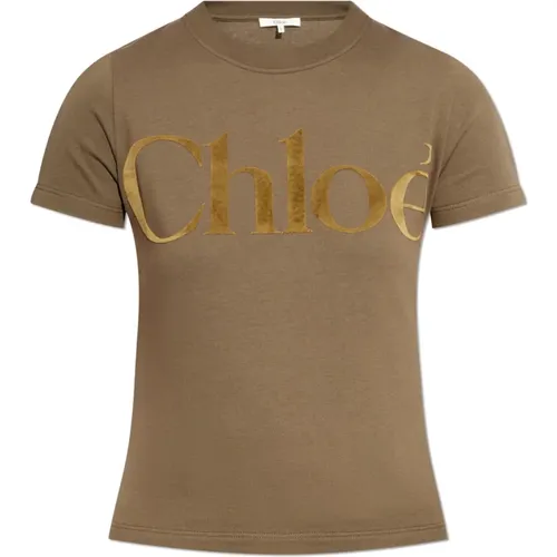 T-Shirt mit Samt-Logo-Finish , Damen, Größe: XS - Chloé - Modalova