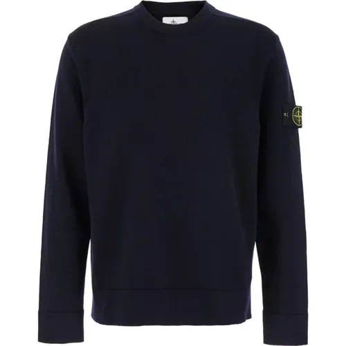 Blauer Crewneck Sweater mit Logo-Patch,Blauer Wollpullover Langarm - Stone Island - Modalova