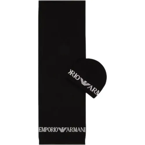 Strickmütze und Schal Set mit Kontrast-Logo - Emporio Armani - Modalova
