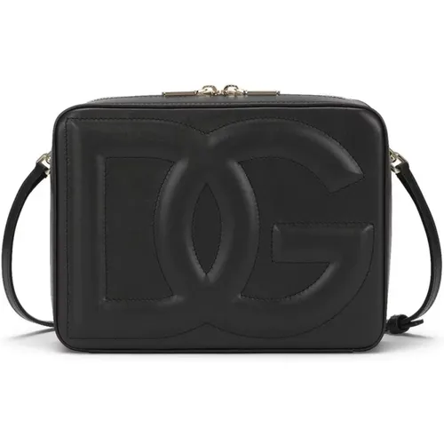 Schwarze Lederhandtasche mit geprägtem Logo - Dolce & Gabbana - Modalova