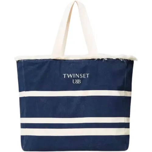 Striped Canvas Shopper Bag with Zipper , female, Sizes: ONE SIZE - Twinset - Modalova