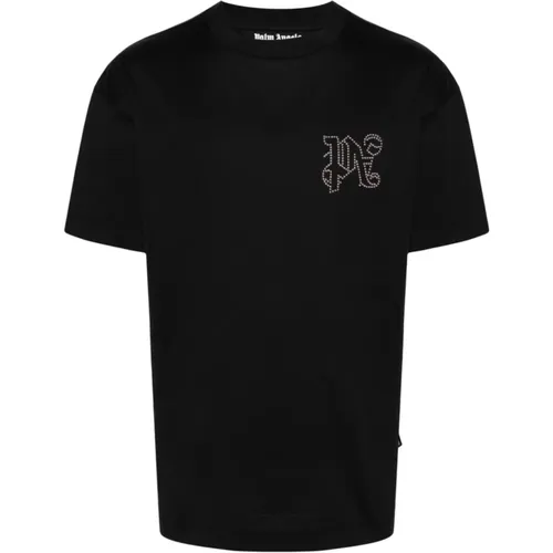 Schwarzes Logo Crew Neck T-shirt,Baumwoll T-Shirt mit gesticktem Monogramm,T-Shirts - Palm Angels - Modalova