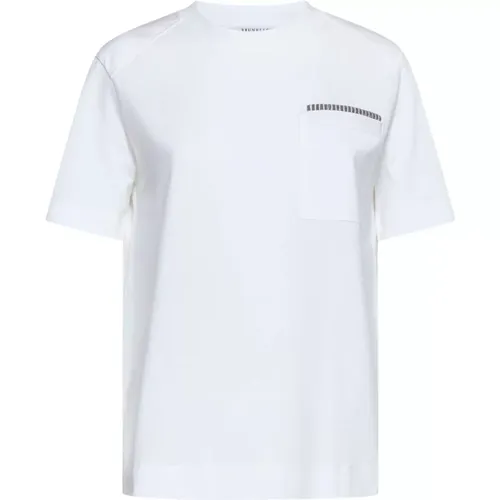 Weißes Baumwoll-T-Shirt mit Monile-Verzierung , Damen, Größe: L - BRUNELLO CUCINELLI - Modalova
