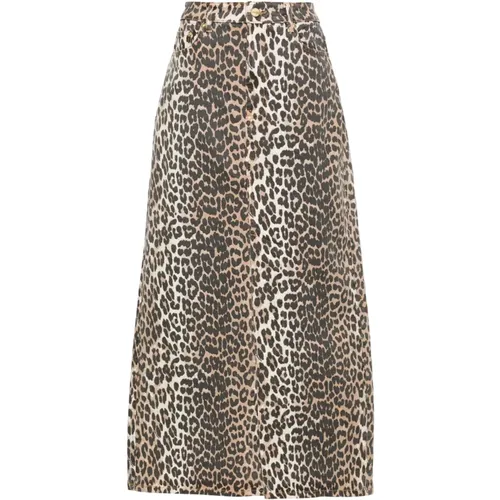 Leopard-Print Denim Midi Skirt , female, Sizes: M, S, L - Ganni - Modalova