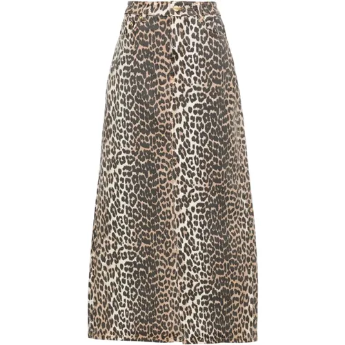 Leopard-Print Denim Midi Skirt , female, Sizes: M, S, XS - Ganni - Modalova