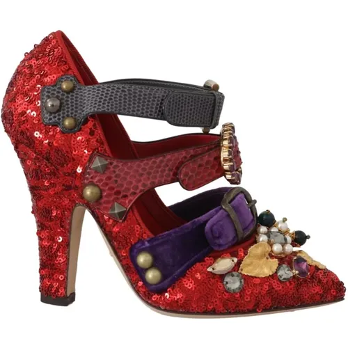 Red Metal Stud and Pearl Mary Janes , female, Sizes: 7 UK - Dolce & Gabbana - Modalova